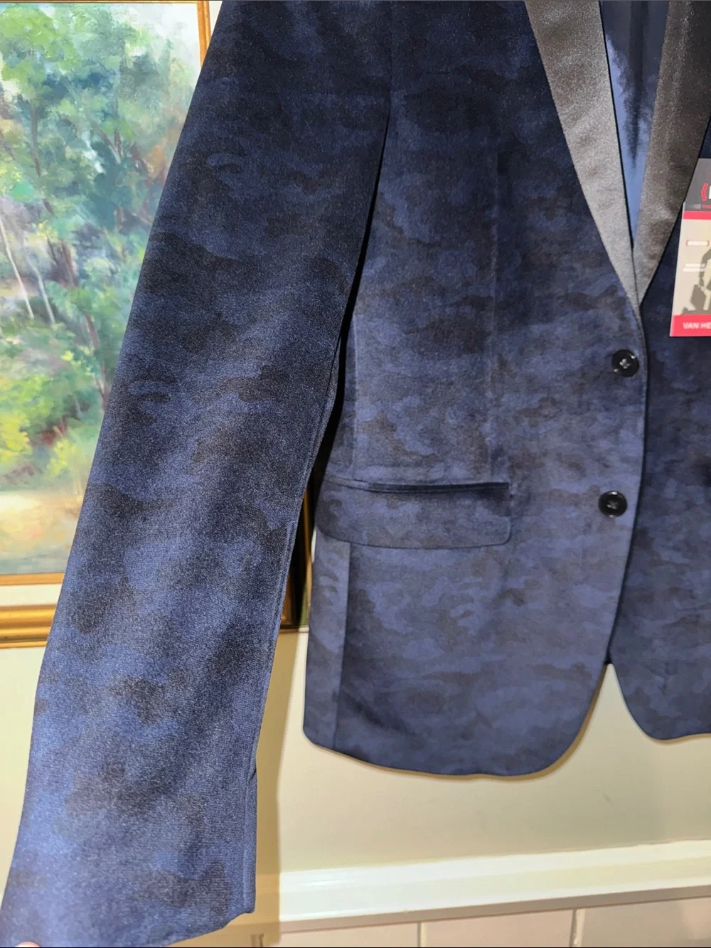 Van Heusen Men's Navy Camouflage Velvet Tuxedo Blazer 38R Blue Camo NEW Tux S M